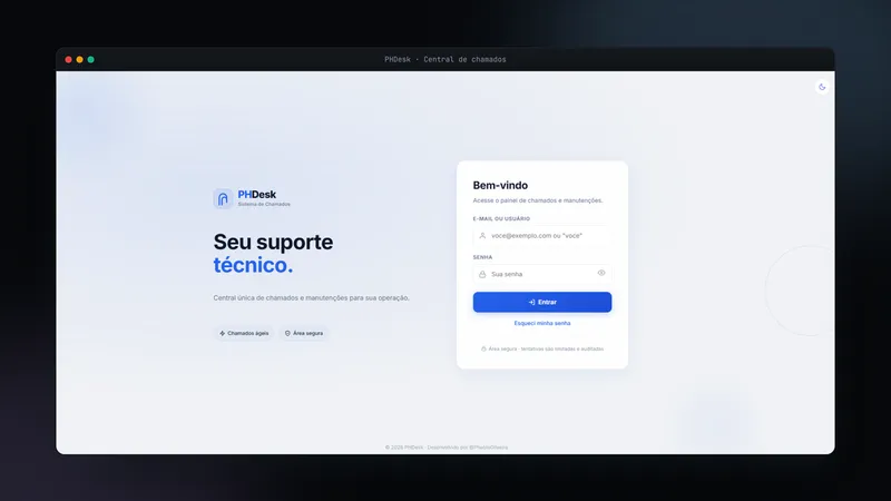 Tela de acesso do PHDesk, sistema de chamados e manutenções