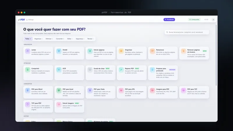 Tela inicial do phPDF com as ferramentas de PDF organizadas por categoria